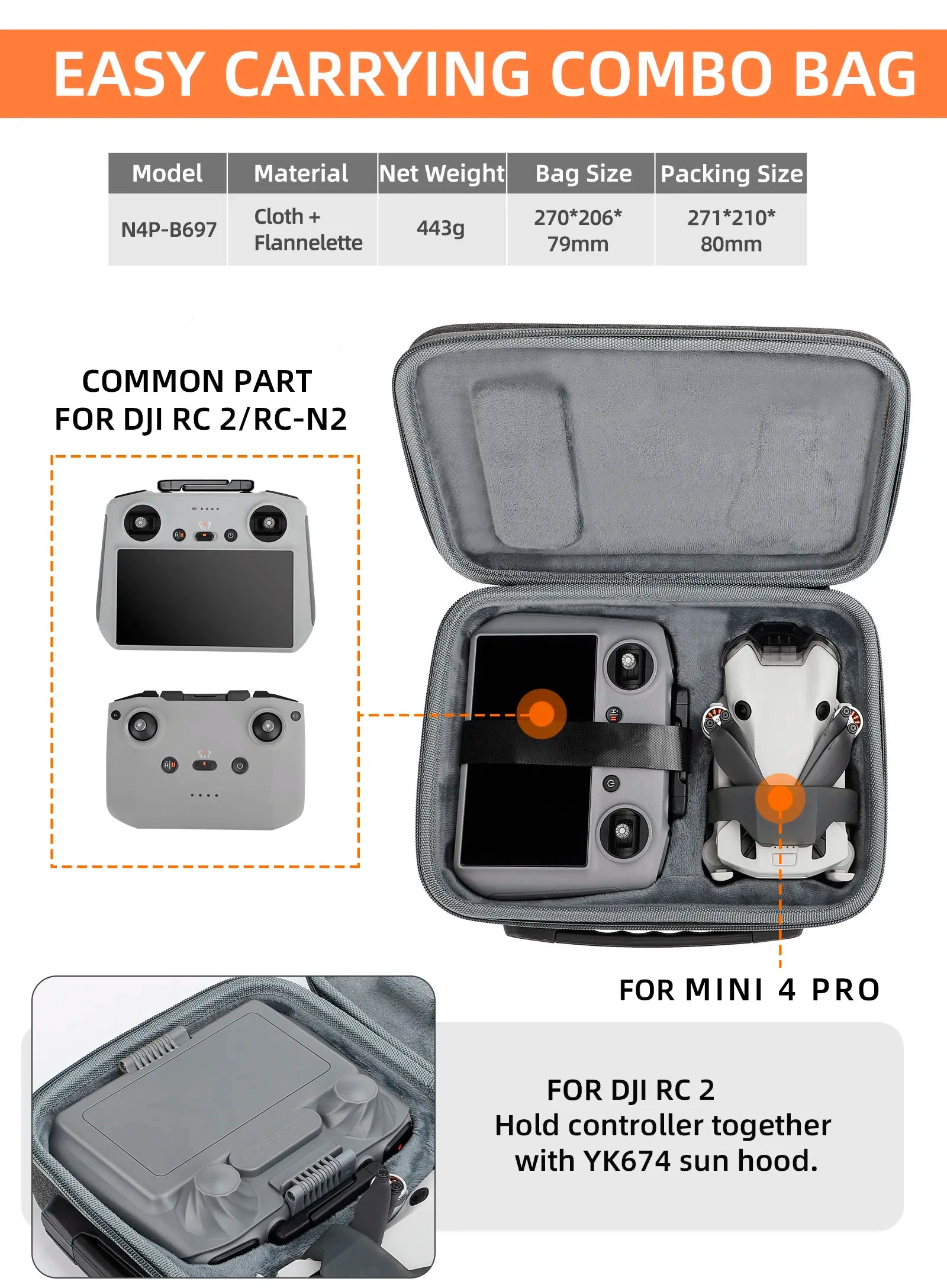 حقيبة حمل محمولة لـ DJI Mini 4 Pro - حقيبة تخزين حقيبة يد لـ DJI RC 2/N1/N2 صندوق التحكم عن بعد بدون طيار 21 Portable Carrying Case For DJI Mini 4 Pro, EASY CARRYING COMBO BAG Model Material Net Weightl Bag Size