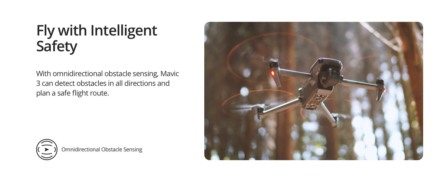 DJI Mavic 3 Fly More Combo/DJI Mavic 3 Cine Premium Combo，Mavic 3 可以探测到各个方向的障碍物并规划安全的飞行路线。