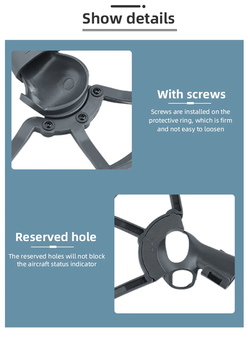 DJI FPV Propeller, reserved holes will not block the aircraft status indicator . the reserved holes are installed on the protective