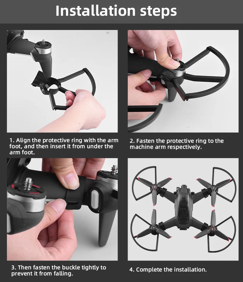 DJI FPV Propeller, the protective ring should be inserted from under the machine arm . the buckle should be