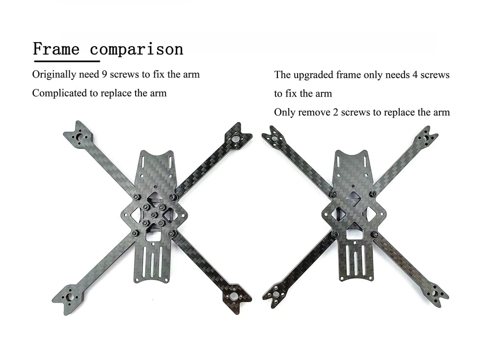 DarwinFPV Baby Ape/Pro/V2 FPV Drone, Frame_comparison Originally need 9 screws to fix the arm The upgraded frame only needs