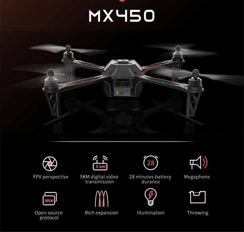 طائرة تدريب بدون طيار Skydroid MX450 - كاميرا 1080P 5KM طويلة المدى 450 مم قاعدة عجلات متعددة الوظائف للتدريب بدون طيار RTF طائرة بدون طيار صناعية 2 Skydroid MX450 Training Drone, MX450 28 Skm FPV perspective SKM digital video 28 minutes battery Megaphone
