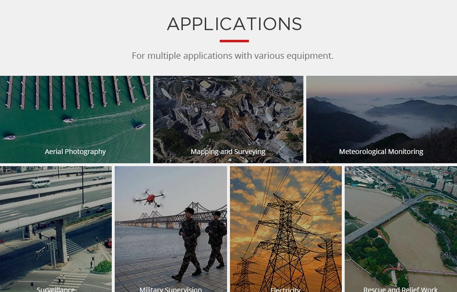 T-motor T-Drone, APPLICATIONS For multiple applications with various equipment: Aerial Photography Mapping and