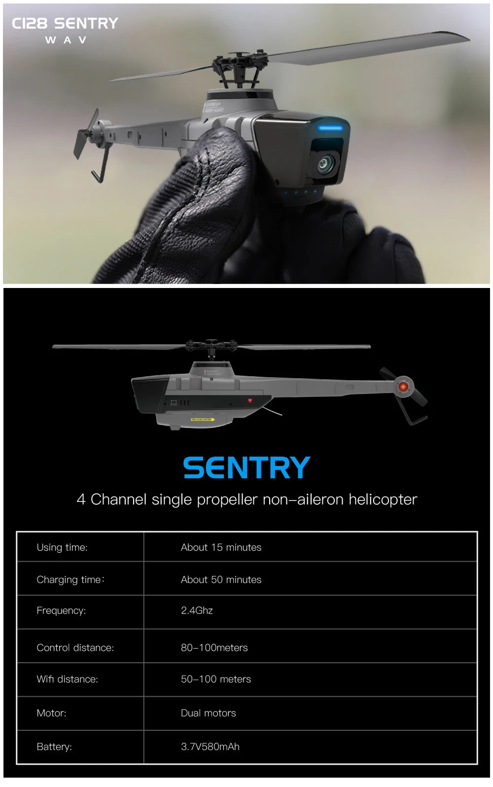 C128 2.4G RC Helicopter, 2.4Ghz Control distance: 80-1OOmeters Wifi distance: 50
