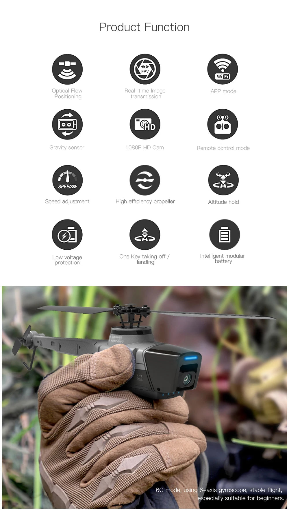 C128 2.4G RC Helicopter, FPV Wi@ Optical Flow Real-time Image APP mode Positioning