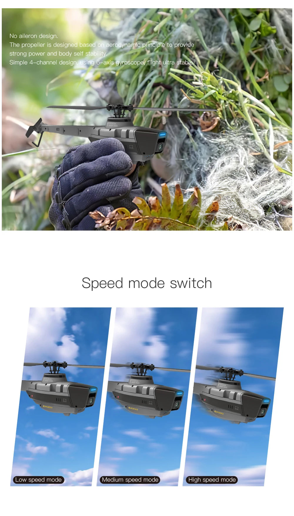 C128 2.4G RC Helicopter, the propeller is designed based on aerodynamic principle to provide strong power and body self stability