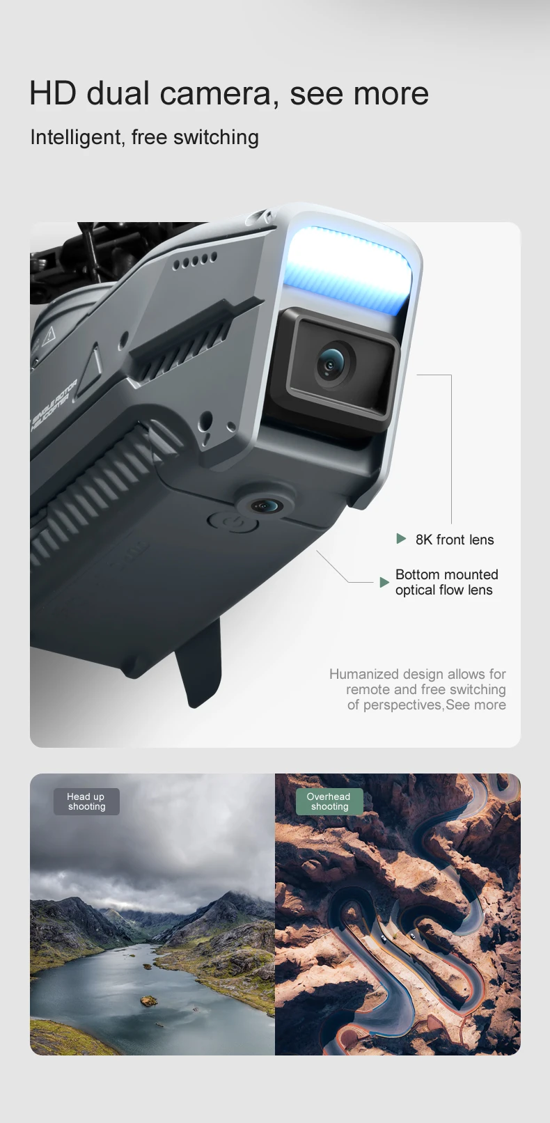 L1 RC Helicopter, Intelligent; free switching 8K front lens Bottom mounted optical flow lens Humanized design allows for remote