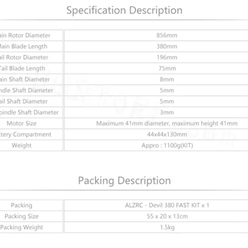 Specification Description Jin Rotor Diameter es6mm Iain Blade Leng