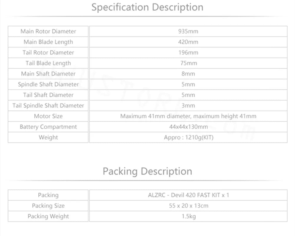 Specification Description Main Rotor Diameter 935mm Main Blade Length AzOmm