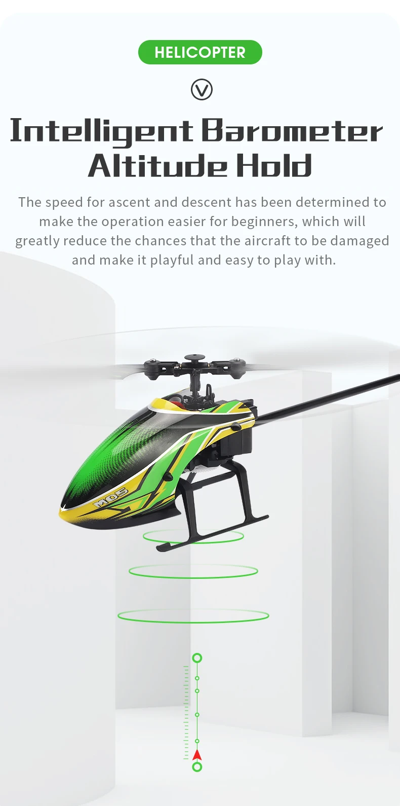 JJRC M05 RC Helicopter, the speed for ascent and descent has been determined to make the operation easier for beginners .