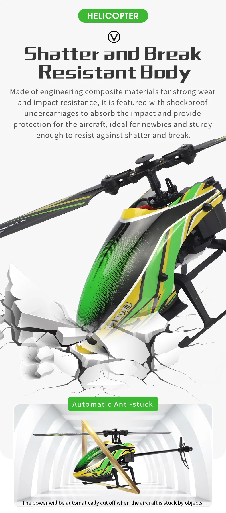 JJRC M05 RC Helicopter, HELICOPTER is made of engineering composite materials for strong wear impact resistance . features shock