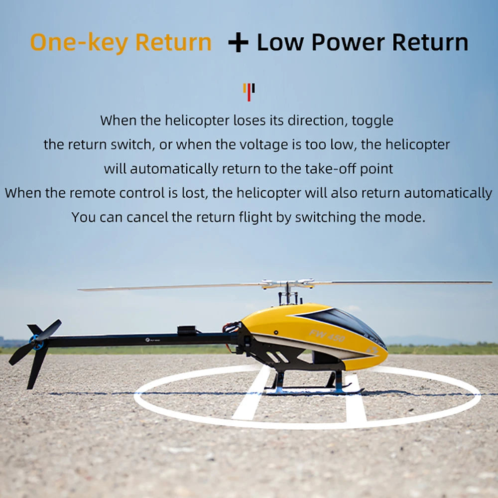 طائرات هليكوبتر Fly Wing FW450L V2.5 RC - جهاز تحكم عن بعد RTF FBL 3D GPS APP إرجاع تلقائي مع نظام التحكم في الطيران H1 6CH مروحية للبالغين 20 Fly Wing FW450L V2.5 RC Helicopters, if the remote control is lost, the helicopter will automatically return to the take-off point
