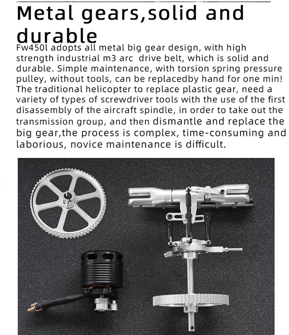 طائرات هليكوبتر Fly Wing FW450L V2.5 RC - جهاز تحكم عن بعد RTF FBL 3D GPS APP إرجاع تلقائي مع نظام التحكم في الطيران H1 6CH مروحية للبالغين 41 Fly Wing FW450L V2.5 RC Helicopters, fw45ol adopts all metal big gear design, with high strength industrial