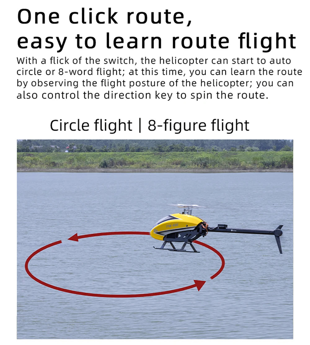 طائرات هليكوبتر Fly Wing FW450L V2.5 RC - جهاز تحكم عن بعد RTF FBL 3D GPS APP إرجاع تلقائي مع نظام التحكم في الطيران H1 6CH مروحية للبالغين 45 Fly Wing FW450L V2.5 RC Helicopters, the helicopter can start to auto circle or 8-word flight with a flick of the switch