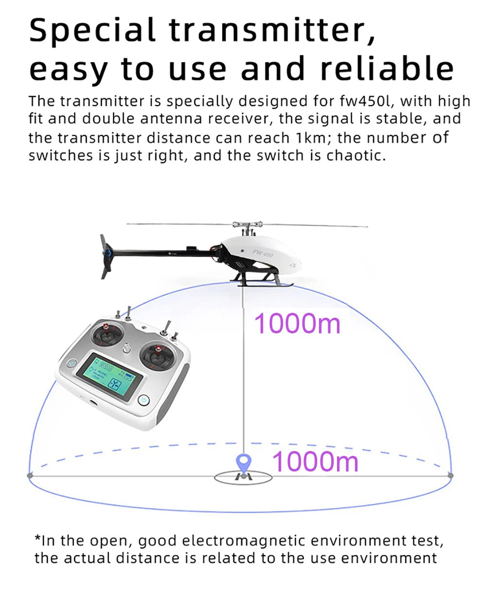 طائرات هليكوبتر Fly Wing FW450L V2.5 RC - جهاز تحكم عن بعد RTF FBL 3D GPS APP إرجاع تلقائي مع نظام التحكم في الطيران H1 6CH مروحية للبالغين 46 Fly Wing FW450L V2.5 RC Helicopters, special transmitter is designed for fw45ol, with high fit and double antenna receiver
