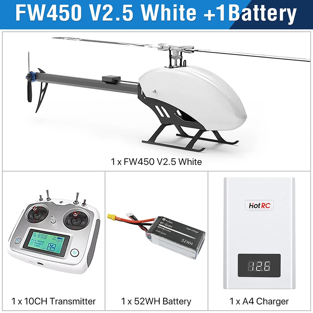 طائرات هليكوبتر Fly Wing FW450L V2.5 RC - جهاز تحكم عن بعد RTF FBL 3D GPS APP إرجاع تلقائي مع نظام التحكم في الطيران H1 6CH مروحية للبالغين 58 Fly Wing FW450L V2.5 RC Helicopters, FW450 V2.5 White 1x 52WH Battery 1x A4 Charger 52W