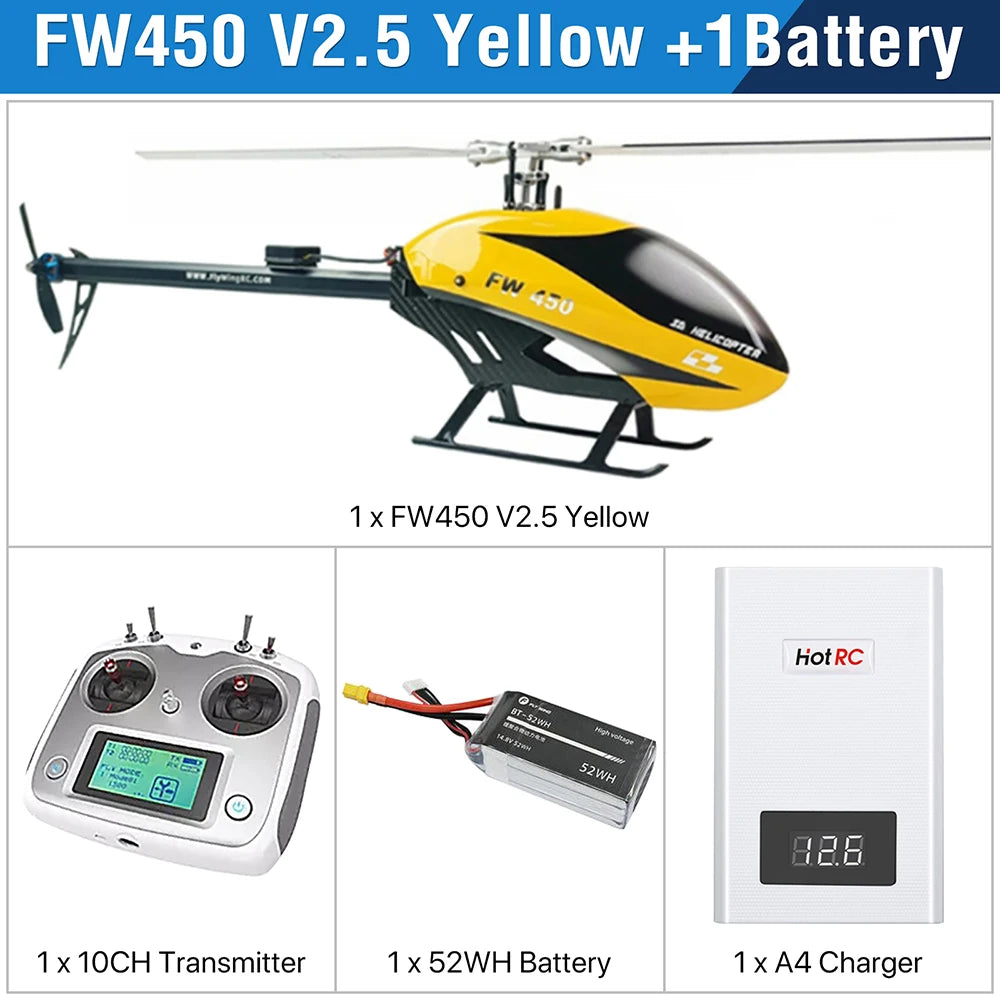 طائرات هليكوبتر Fly Wing FW450L V2.5 RC - جهاز تحكم عن بعد RTF FBL 3D GPS APP إرجاع تلقائي مع نظام التحكم في الطيران H1 6CH مروحية للبالغين 55 Fly Wing FW450L V2.5 RC Helicopters, FW450 V2.5 Yellow +1Battery 1x FW45O V2.5