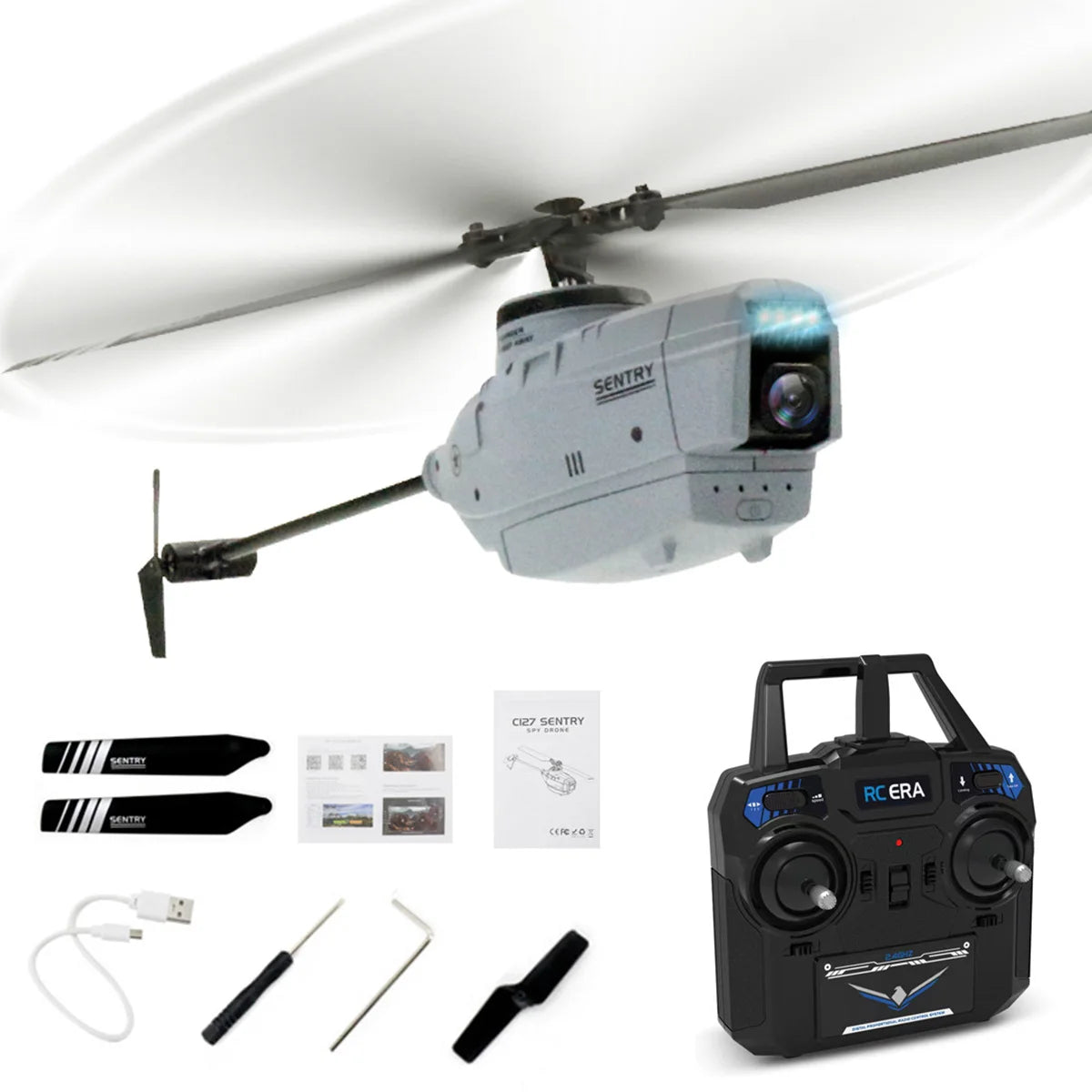 C127 2.4G RC Helicopter - كاميرا احترافية 720P 6 محاور جيروسكوبية WIFI Sentry Spy RC بدون طيار زاوية واسعة مجداف واحد بدون جنيحات 26 C127 2.4G RC Helicopter, the flybarless drone toy comes with a 720P wide-angle camera