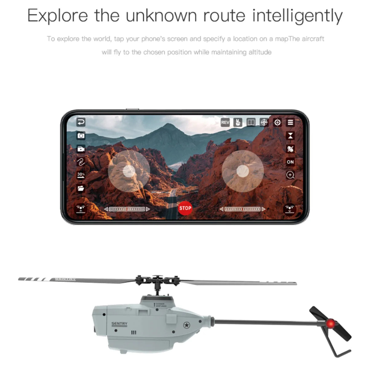 C127 2.4G RC Helicopter - كاميرا احترافية 720P 6 محاور جيروسكوبية WIFI Sentry Spy RC بدون طيار زاوية واسعة مجداف واحد بدون جنيحات 33 C127 2.4G RC Helicopter, aircraft will fly to the choson position while maintaining altitude . tap your phone'