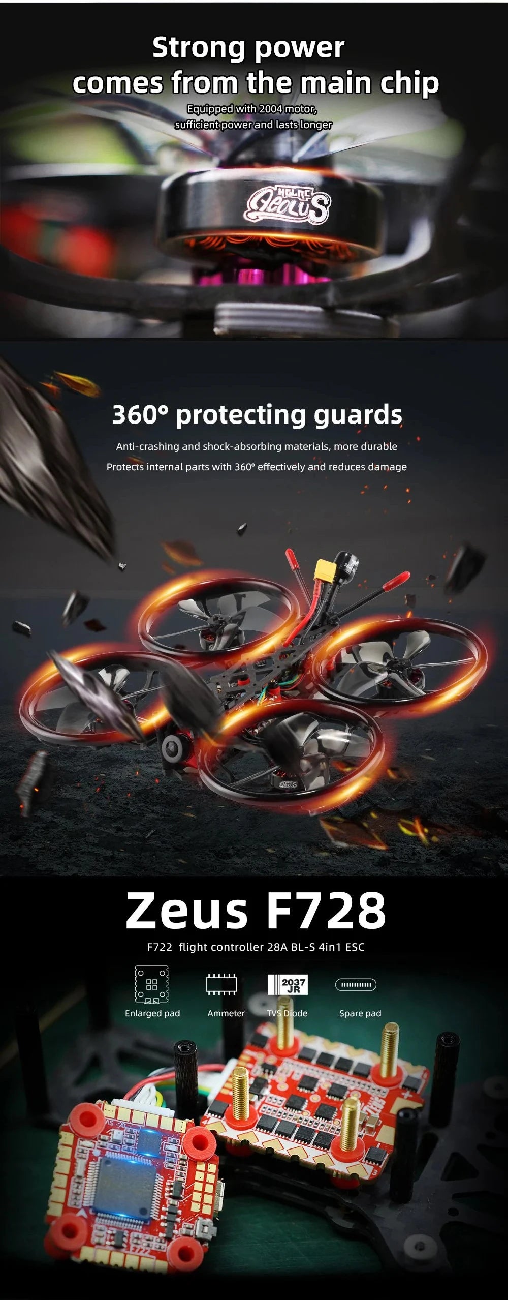 HGLRC Sector30CR - 3'' FPV, HGLRC Sector30CR, strong power comes from the mainchip and lasts longer GGES 3600 protecting guards 
