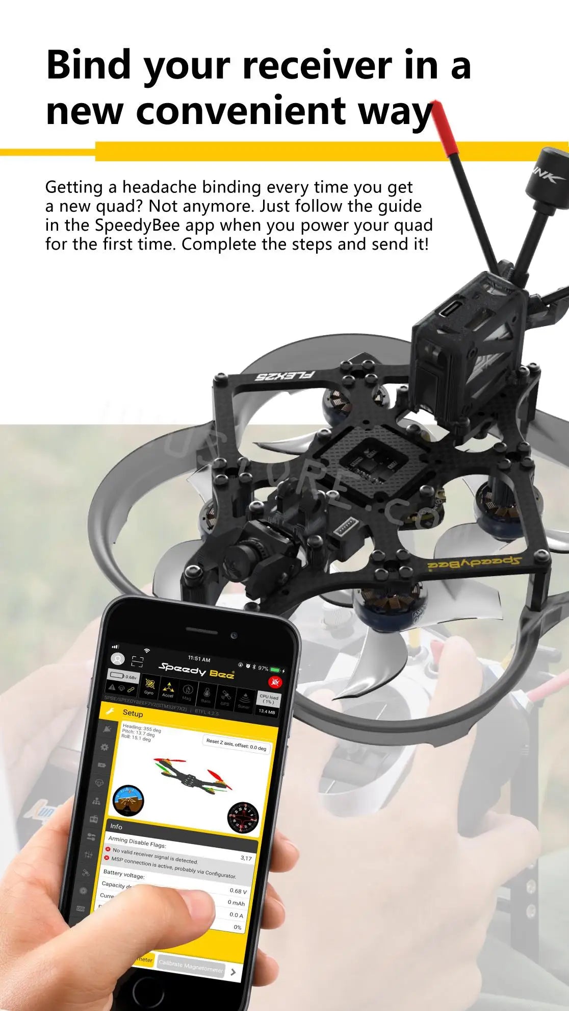 SpeedyBee Flex25 - HD 78mm F7 35A AIO 4S 2.5 بوصة CineWhoop RC FPV Racing Drone BNF مع Runcam Falcon 120fps ألعاب كاميرا رقمية 11 SpeedyBee Flex25, follow the in the SpeedyBee app when you power your quad for the first time: