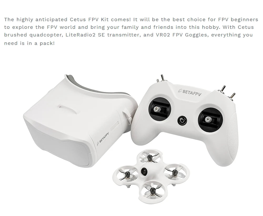 Cetus FPV kit includes LiteRadio2 SE transmitter and VRO2 FP