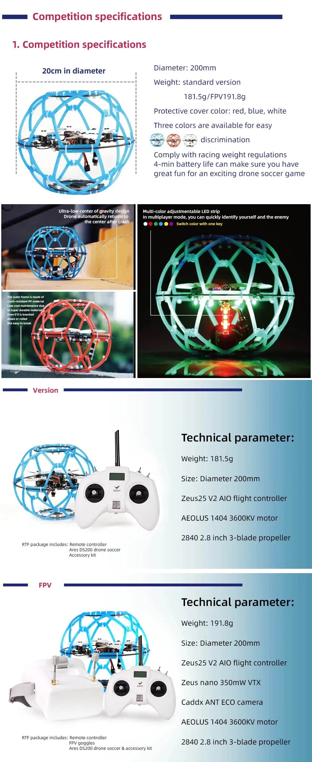 HGLRC Ares DS200 Drone, multiplayer mode allows you to quickly identify yourself and the enemy the center after crash 