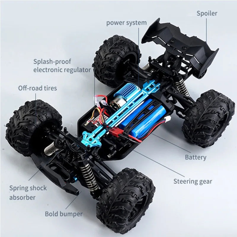 Rc Car, Spoiler power system Splash-proof electronic regulator Off-road tires Battery Steering