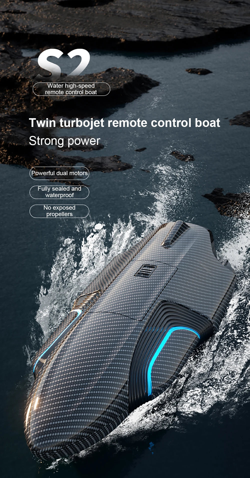S2 Speed boat, 62 Water high-speed remote control boat Strong power Powerful dual motors Fully sealed and
