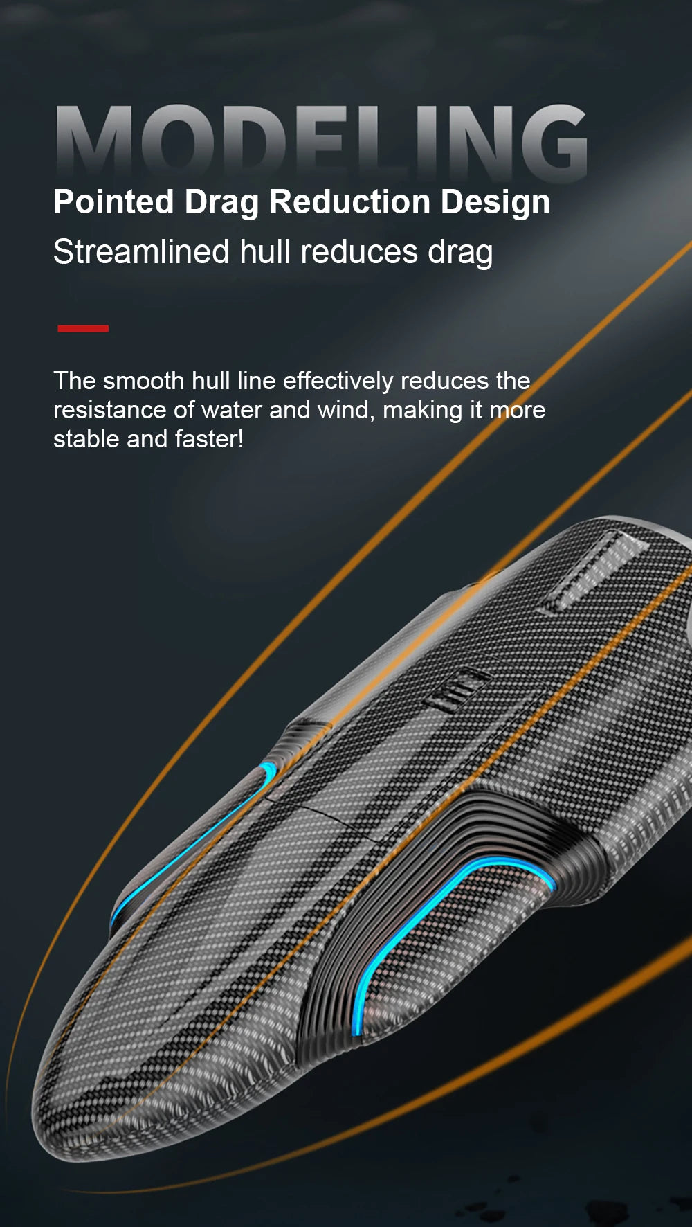 S2 Speed boat, MODFI ING Pointed Drag Reduction Design Smooth hull reduces drag .