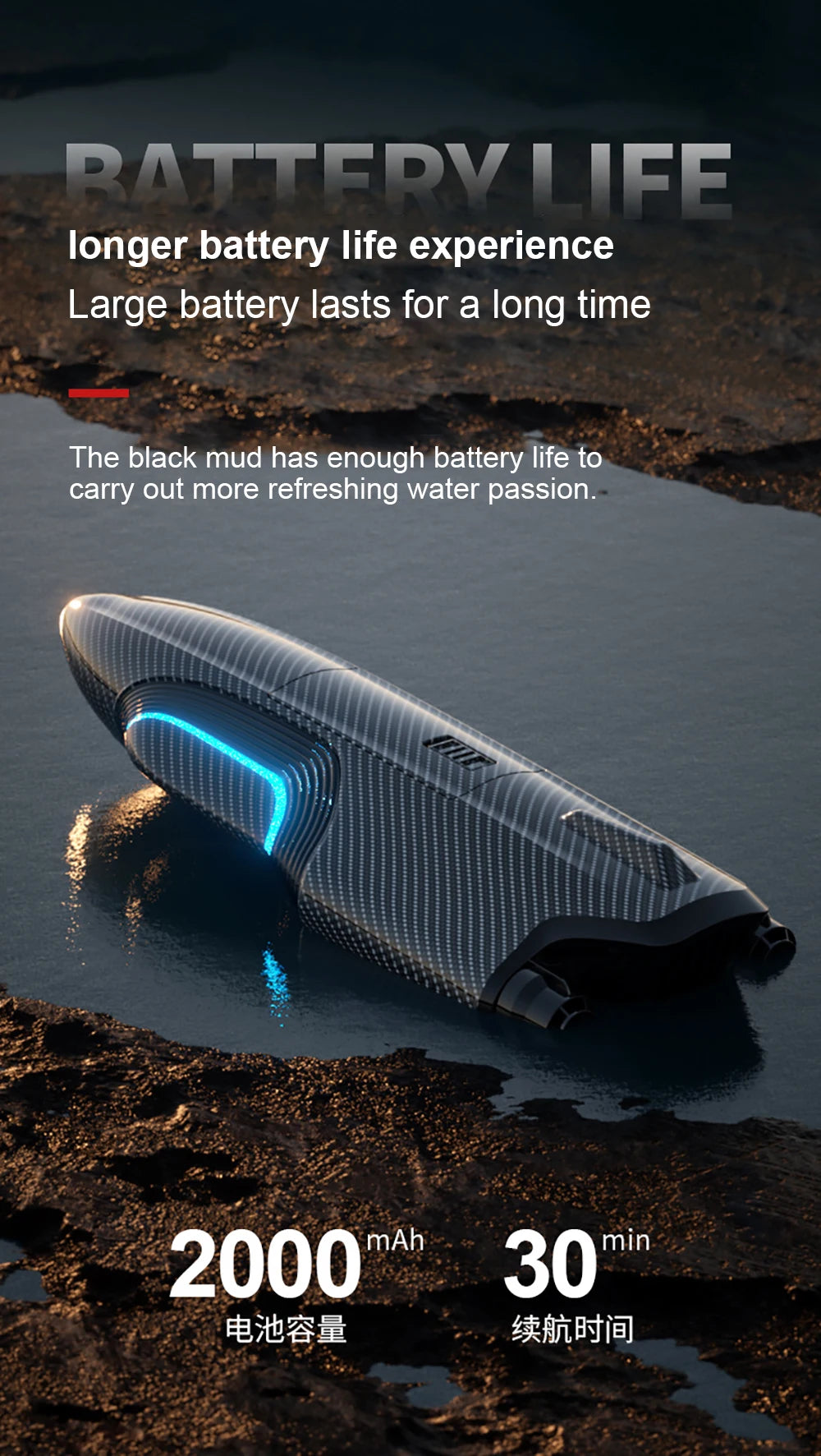 S2 Speed boat, black mud has enough battery life to carry out more refreshing water passion. mAh min 2000
