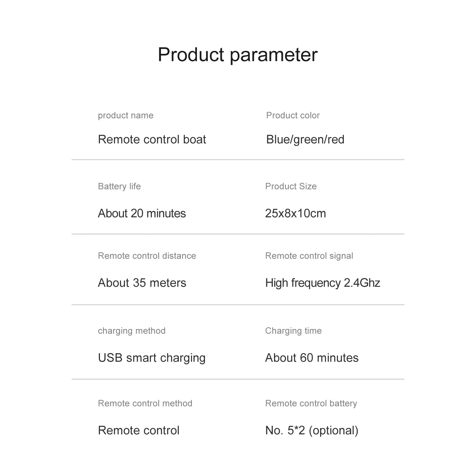 Rc Boat, Product parameter product name Product color Remote control boat Bluelgreenlred Battery life Product size About