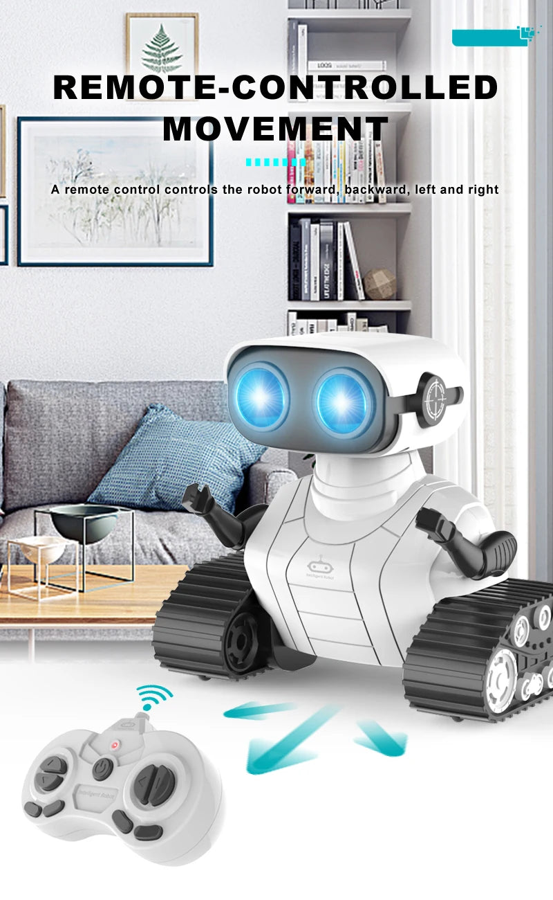 روبوت ذكي قابل لإعادة الشحن RC Ebo Robot - ألعاب للأطفال لعبة تفاعلية للتحكم عن بعد مع موسيقى رقص LED وعيون الأطفال هدية 14 Smart Robot Rechargeable RC Ebo Robot - Toy, REMOTE-CONTROLLED MOVEMENT A remote control controls the robot forward,
