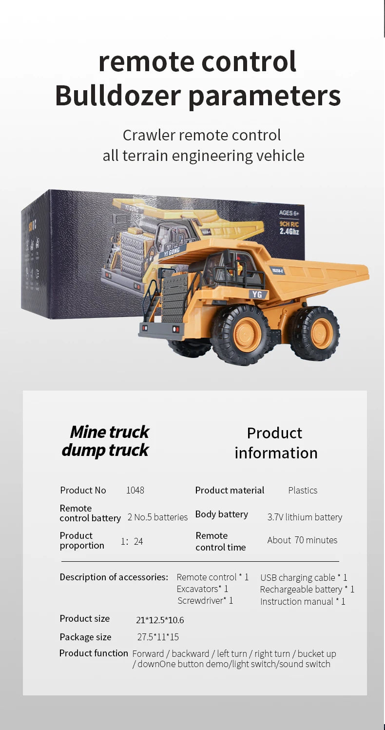 1:20 RC Excavator Dumper Car, remote control Bulldozer parameters Crawler remote control all terrain engineering vehicle Wrd