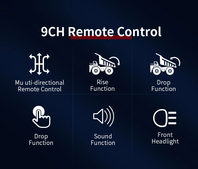 RC Excavator Dumper RC Car Toy, 9CH Remote Control Mu uti-directional Rise Remote Control Function Headlight Drop Drop