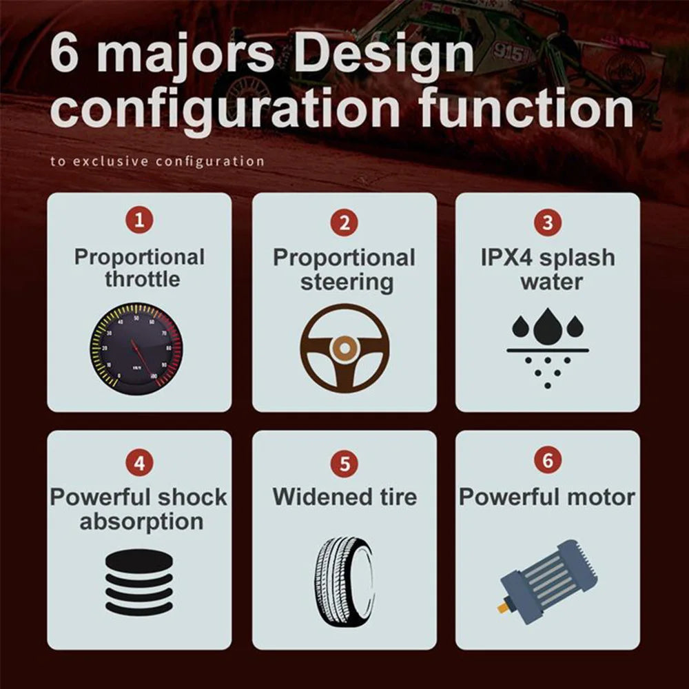 2023 New 1:16 Scale Large RC Cars, 6 majors Design configuration function to exclusive configuration Proportional IPX4 splash throttle steering water