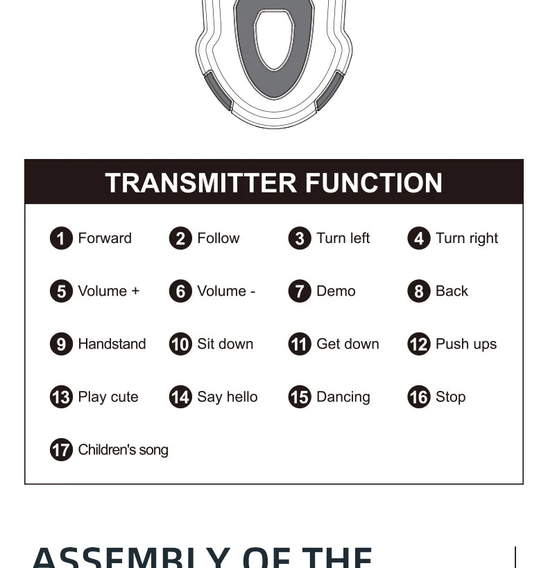 Funny RC Robot Electronic Dog Stunt Dog, 0 TRANSMITTER FUNCTION Forward Follow Turn left Turn right Volume Demo Back Handstand