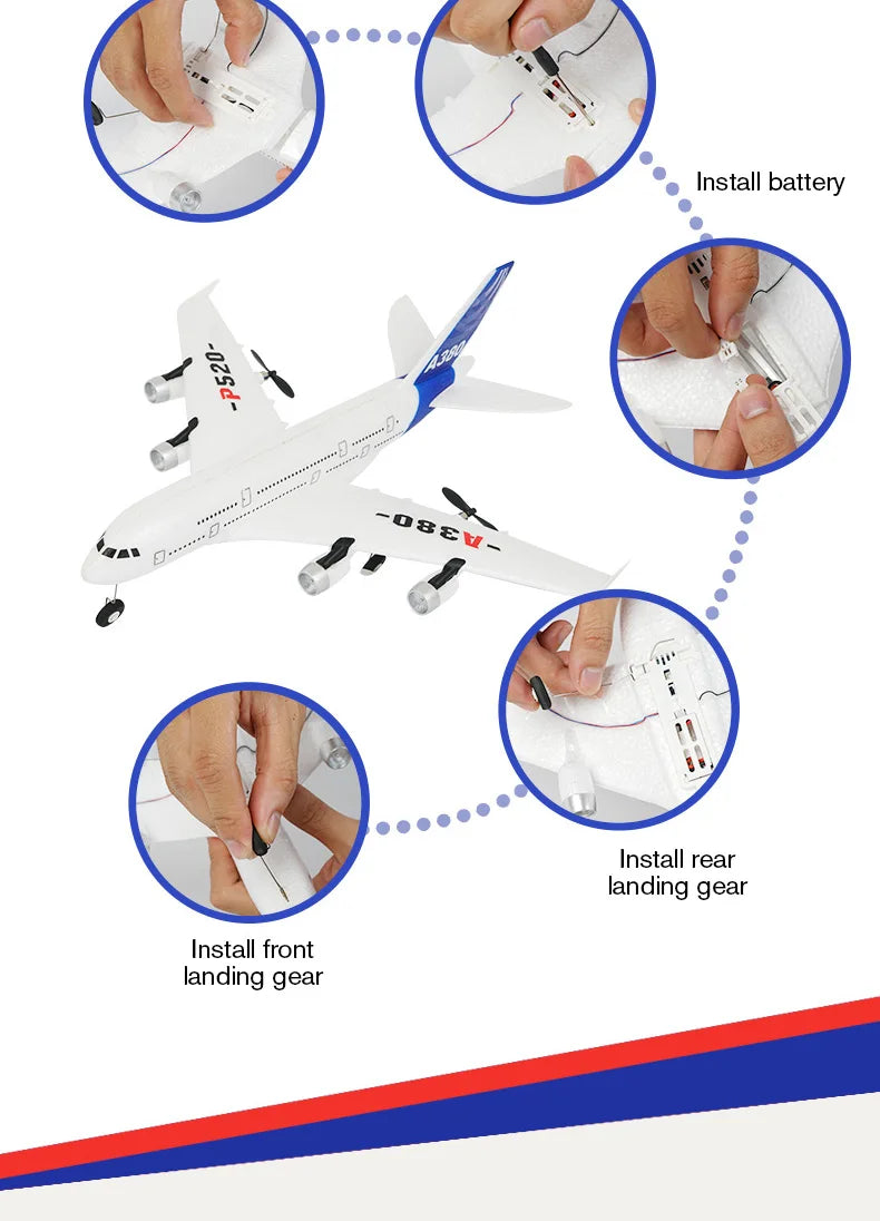 Airbus A380 P520 RC Airplane, Install battery V Install rear landing gear Install front landing gear 8 o8