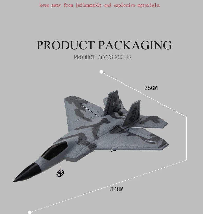 F22 SU35 طائرة ذات أجنحة ثابتة - طائرة رمي يدوية من الفوم كهربائية 2.4 جيجا طائرة شراعية RC بدون طيار مع جهاز تحكم عن بعد في الهواء الطلق ألعاب طائرة RC للأولاد 36 F22 SU35 Fixed Wing Airplane, keep away from inf ammable and explosive materials . PRODUCT PACKAG