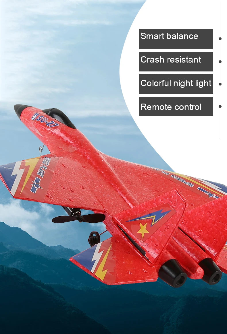 طائرة RC SU27 - 2.4G طائرة شراعية تعمل بالتحكم عن بعد وطائرة مقاتلة تعمل بالتحكم عن بعد من الفوم نموذج طائرة لعب للأطفال الأولاد 23 RC Aircraft SU27 Plane, Smart balance Crash resistant Colorful night light Remote control JsU27;