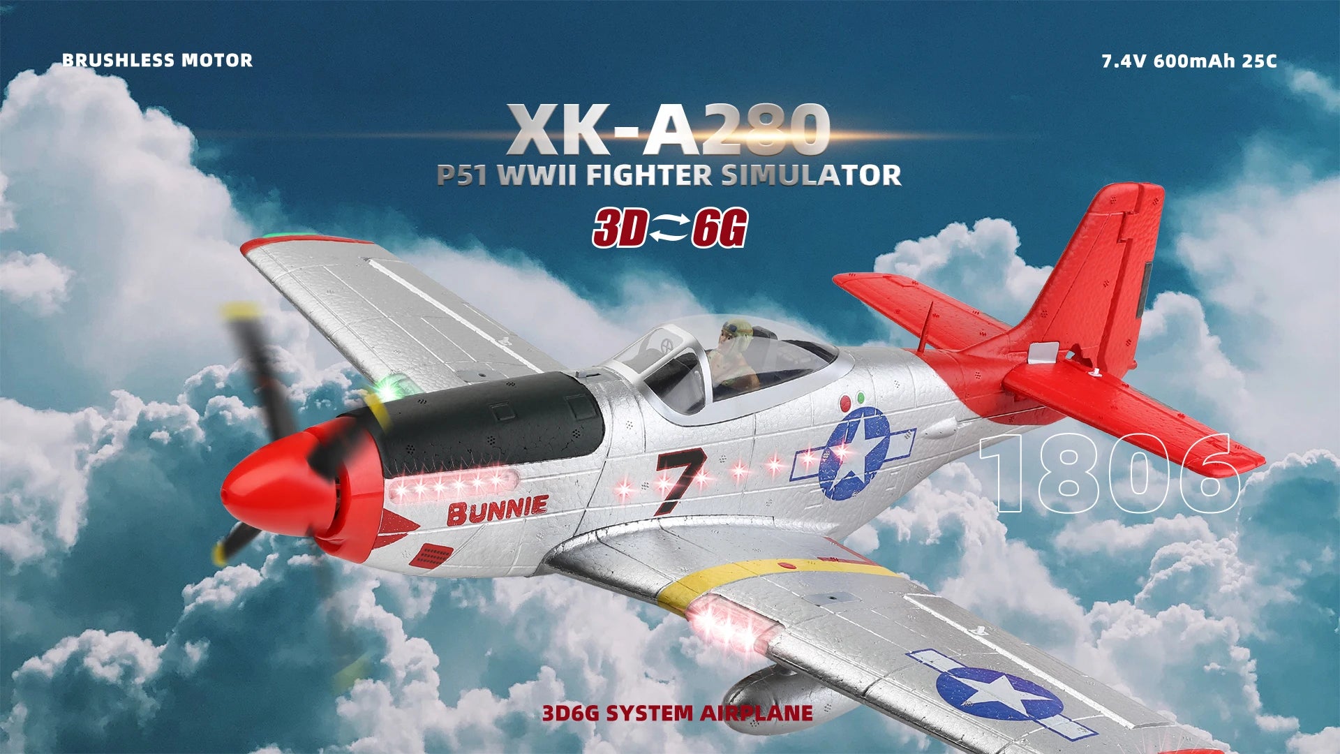 WLtoys A280 Brushless Motor RC Airplane, BRUSHLESS MOTOR 7.4V 600mAh 25C XK-A