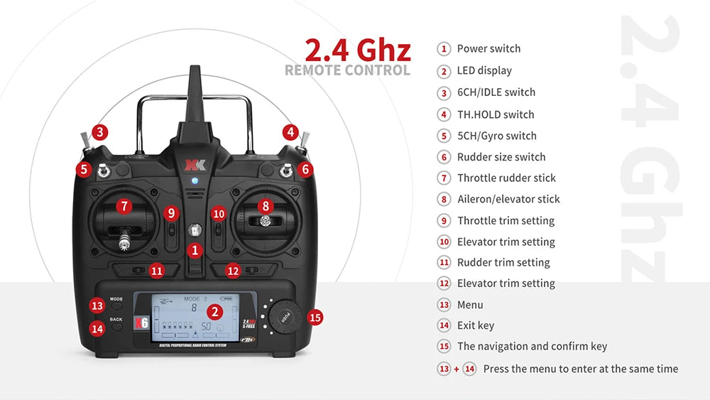Wltoys K110S RC Helicopter, 2.4 Ghz Power switch REMOTE CONTROL LED display 6CHJID