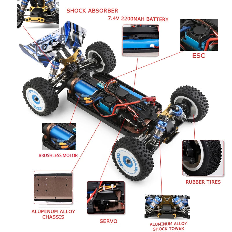Wltoys 124017 124007 1/12 2.4G سيارات السباق RC 4WD محرك بدون فرشاة 75 كم/ساعة سرعة عالية للتحكم عن بعد على الطرق الوعرة ألعاب الانجراف لـ Aduit 44 Wltoys 124017 124007 1/12 2.4G Racing RC Car, SHOCK ABSORBER 7.4V 2200MAH BATTERY ESC