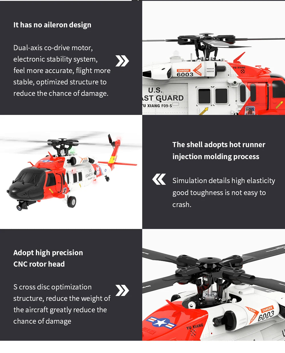 YXZNRC F09-S Flybarless RC Helicopter, XIANG FOg-S The shell adopts high precision CNC rotor head