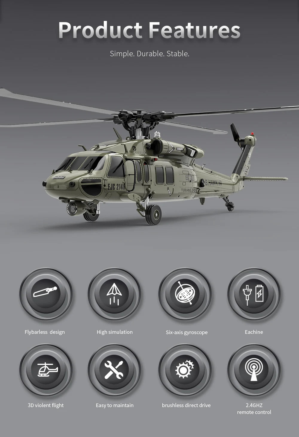 YXZNRC F09 RC Helicopter, Features Durable Stable EJE 2IL YUMLANG Fope Flybarless