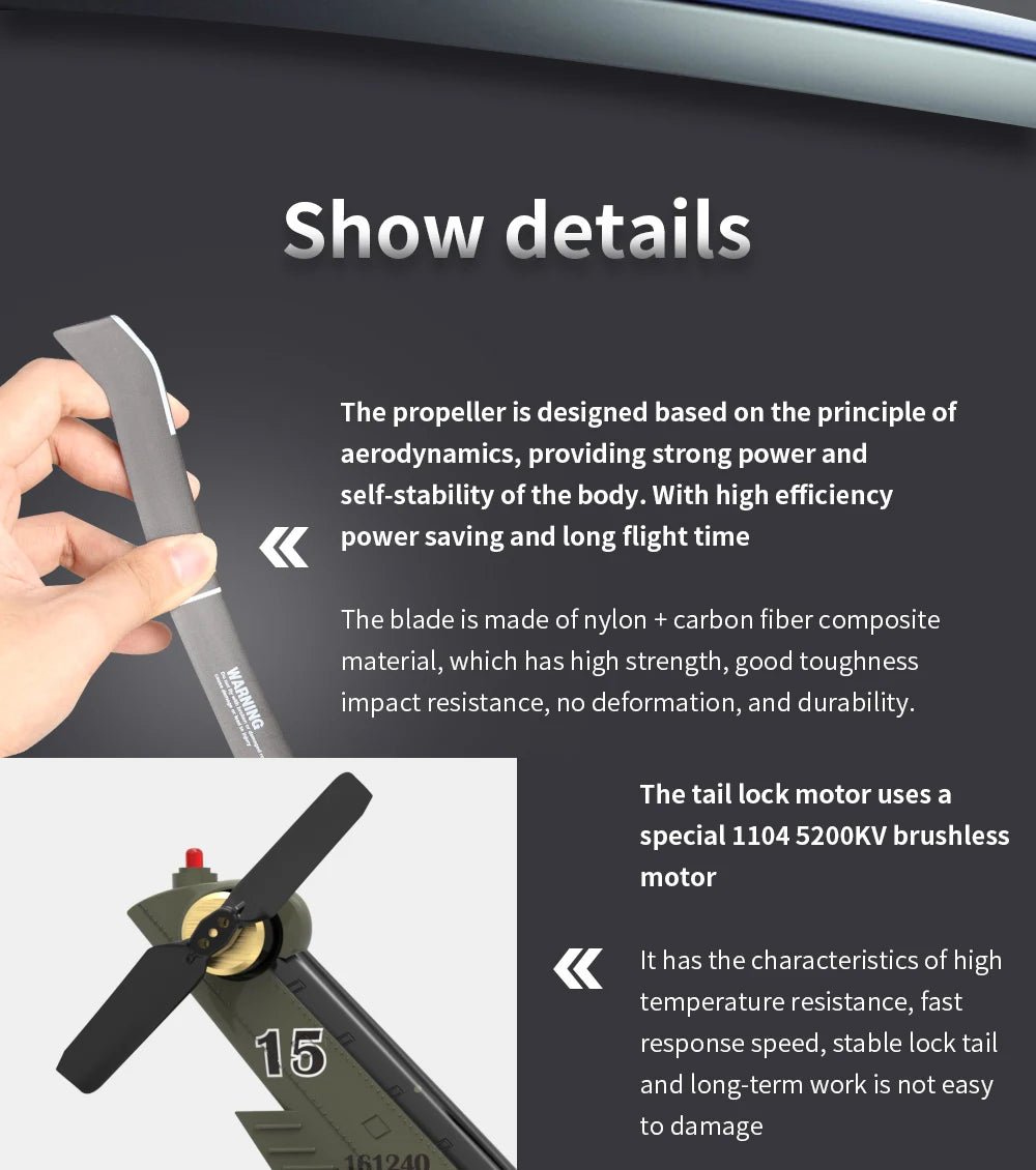 YXZNRC F09 RC Helicopter, the tail lock motor uses a special 1104 5200KV brushless motor .