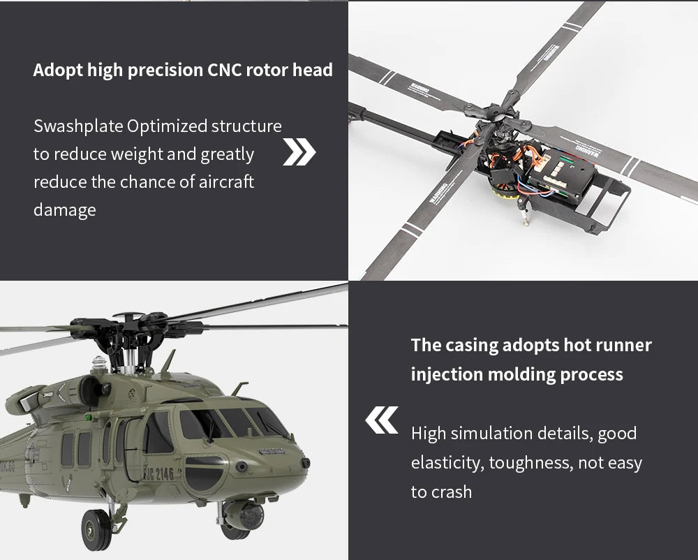 YXZNRC F09 RC Helicopter, Adopt high precision CNC rotor head Swashplate Optimized structure to reduce weight
