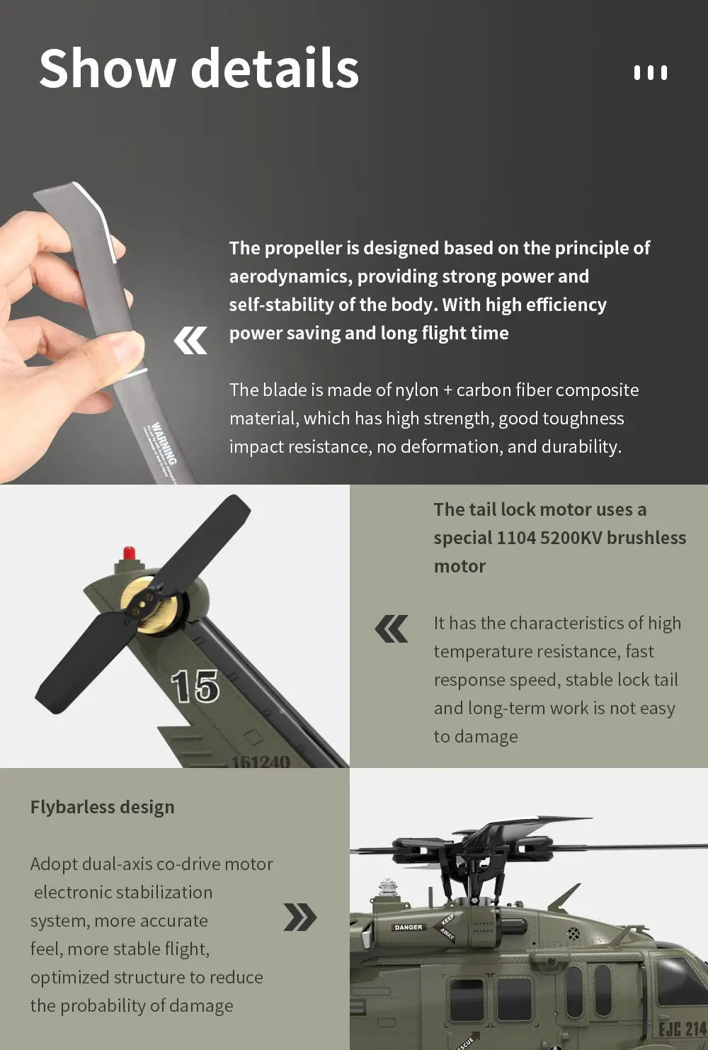 Eachine E200 RC Helicopter - 2.4G 6CH 3D 6G 6-Axis System Dual Brushless محرك الدفع المباشر 147 مقياس Flybarless BNF RTF RC Dron RC Drone 20 Eachine E200 RC Helicopter, the propeller is designed based on the principle of aerodynamics, providing strong power and