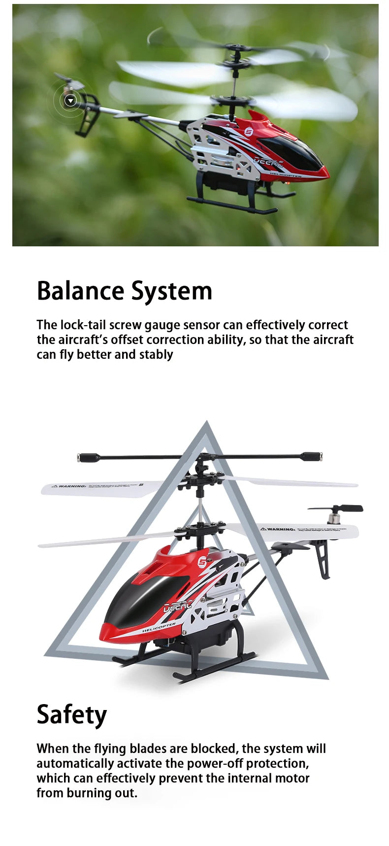 DEERC 8004B RC Helicopter, lock-tail screw gauge sensor can effectively correct the aircraft's offset correction ability . the