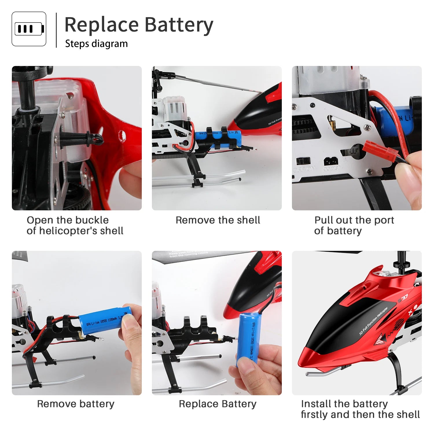 SYMA RC Helicopter, replace battery Steps diagram Li Hen Open the buckle Remove the shell Pull out the port of
